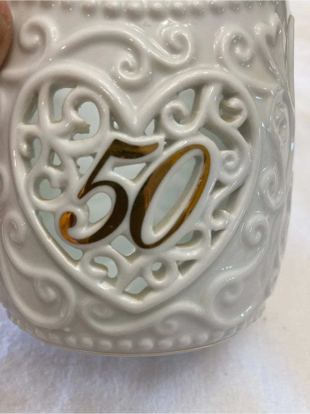 50th Anniversary White and Gold Decorative Porcelain Vase